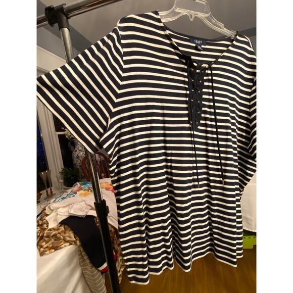 Women's Chaps3X Black / White Striped T-Shirt, Short Sleeves, lace up front neck - Picture 6 of 12